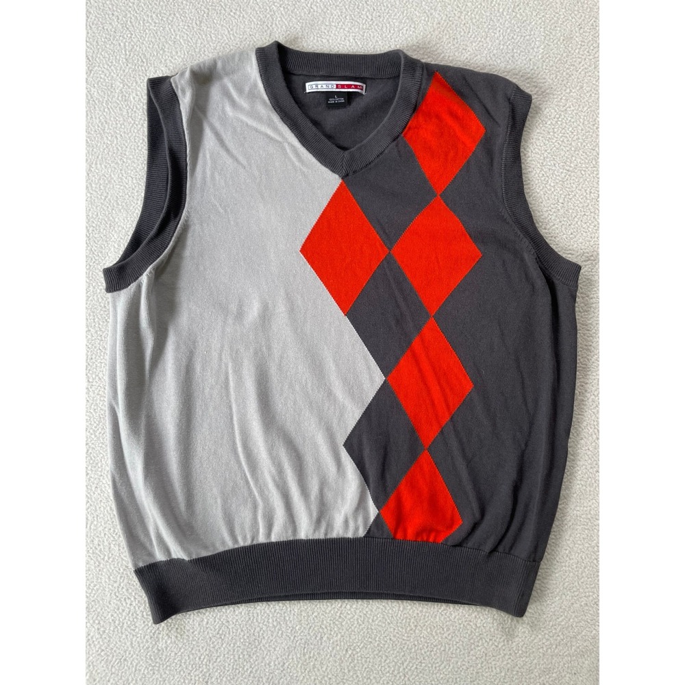Grand Slam Mens Large Sweater‎ Vest Grey Red Argyle V-Neck Cotton Knit Golf Prep